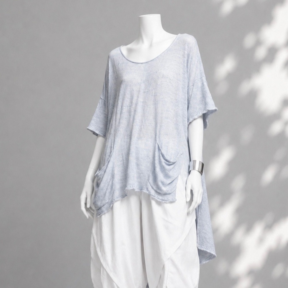 Free People Light Blue Marled Knit High Low Oversized Pockets Tunic Sweater